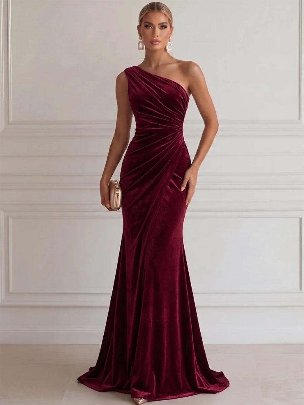 Monlaura One-Shoulder Sleeveless Evening Gown - Wine Red - US Size 12